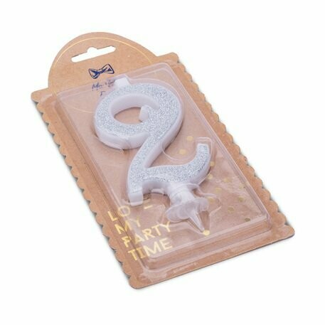 BOUGIE CHIFFRE "2" CALLIGRAPHIE PAILLETTES ARGENT 10.5CM + BOBECHE