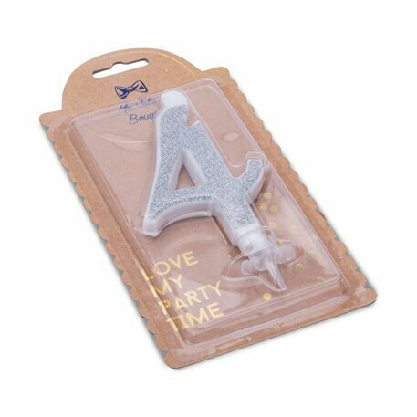 BOUGIE CHIFFRE "4" CALLIGRAPHIE PAILLETTES ARGENT 10.5CM + BOBECHE