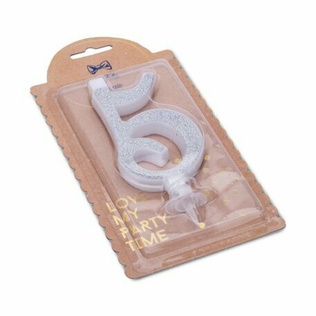 BOUGIE CHIFFRE "5" CALLIGRAPHIE PAILLETTES ARGENT 10.5CM + BOBECHE