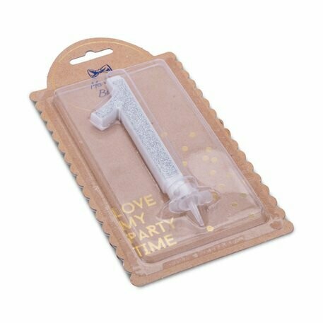 BOUGIE CHIFFRE "1" CALLIGRAPHIE PAILLETTES ARGENT 10.5CM + BOBECHE