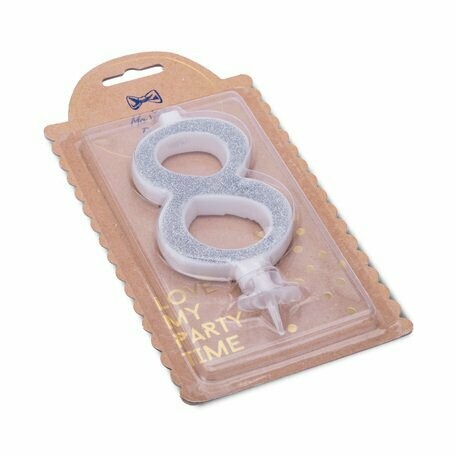 BOUGIE CHIFFRE "8" CALLIGRAPHIE PAILLETTES ARGENT 10.5CM + BOBECHE