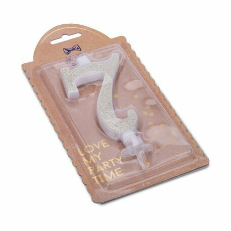 BOUGIE CHIFFRE "7" CALLIGRAPHIE PAILLETTES OR 10.5CM AVEC BOBECHE