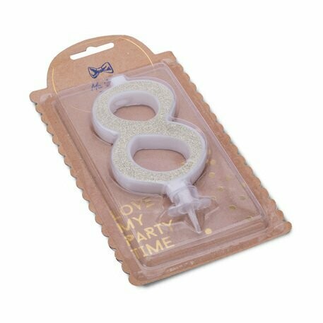 BOUGIE CHIFFRE "8" CALLIGRAPHIE PAILLETTES OR 10.5CM AVEC BOBECHE