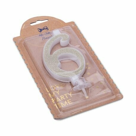 BOUGIE CHIFFRE "6" CALLIGRAPHIE PAILLETTES OR 10.5CM AVEC BOBECHE
