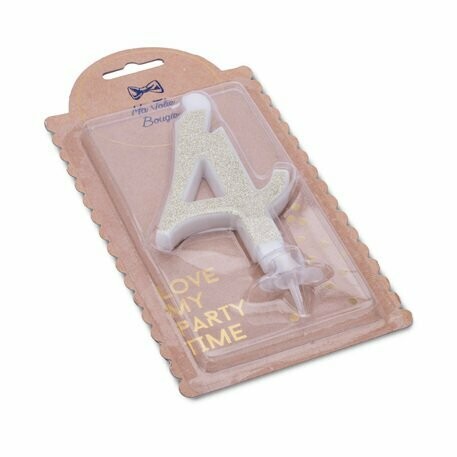 BOUGIE CHIFFRE "4" CALLIGRAPHIE PAILLETTES OR 10.5CM AVEC BOBECHE