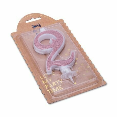 BOUGIE CHIFFRE "2" CALLIGRAPHIE ROSE GOLD PAILLETTES 10.5CM+BOBECHE
