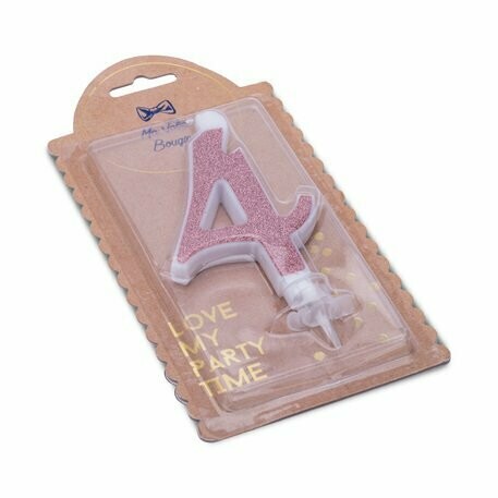 BOUGIE CHIFFRE "4" CALLIGRAPHIE ROSE GOLD PAILLETTES 10.5CM+BOBECHE