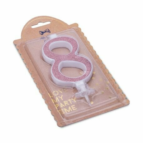 BOUGIE CHIFFRE "8" CALLIGRAPHIE ROSE GOLD PAILLETTES 10.5CM+BOBECHE