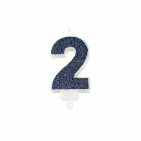 BOUGIE CHIFFRE "2" PAILLETTES MARINE 7.3CM AVEC BOBECHE