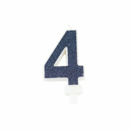 BOUGIE CHIFFRE "4" PAILLETTES MARINE 7.3CM AVEC BOBECHE
