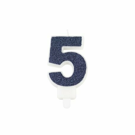 BOUGIE CHIFFRE "5" PAILLETTES MARINE 7.3CM AVEC BOBECHE