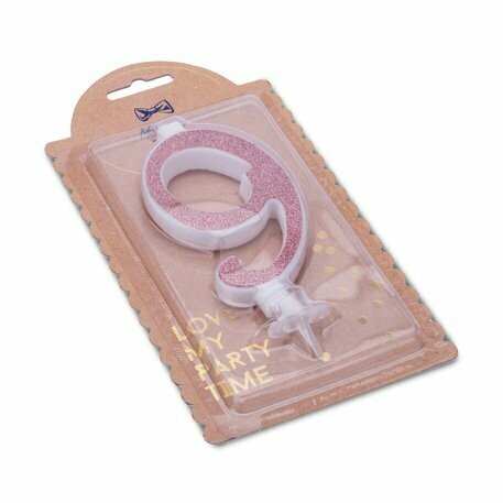 BOUGIE CHIFFRE "9" CALLIGRAPHIE ROSE GOLD PAILLETTES 10.5CM+BOBECHE