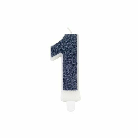 BOUGIE CHIFFRE "1" PAILLETTES MARINE  7.3CM AVEC BOBECHE