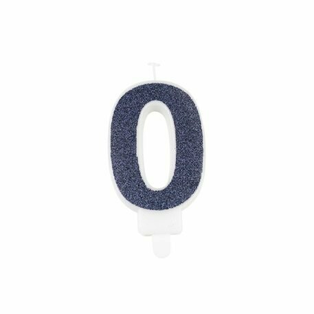BOUGIE CHIFFRE "0" PAILLETTES MARINE 7.3CM AVEC BOBECHE