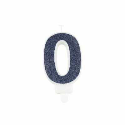 BOUGIE CHIFFRE "0" PAILLETTES MARINE 7.3CM AVEC BOBECHE