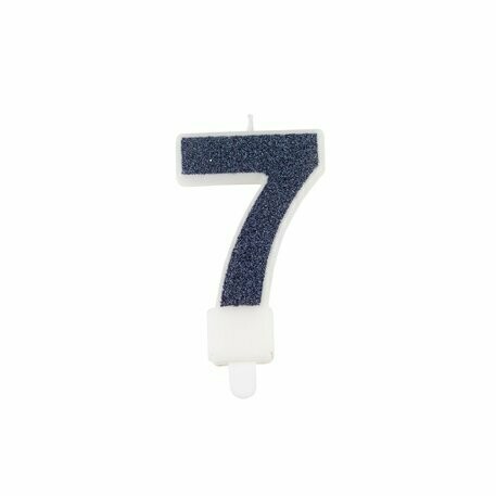 BOUGIE CHIFFRE "7" PAILLETTES MARINE 7.3CM AVEC BOBECHE