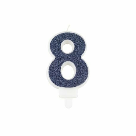 BOUGIE CHIFFRE "8" PAILLETTES MARINE 7.3CM AVEC BOBECHE