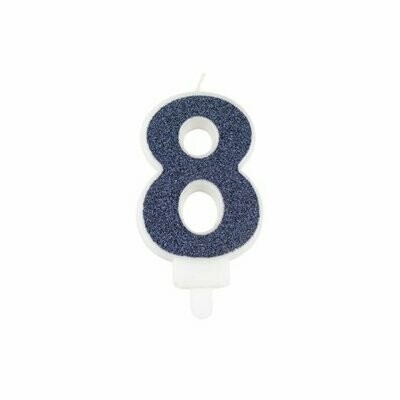 BOUGIE CHIFFRE "8" PAILLETTES MARINE 7.3CM AVEC BOBECHE