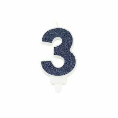 BOUGIE CHIFFRE "3" PAILLETTES MARINE 7.3CM AVEC BOBECHE
