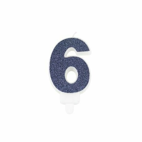 BOUGIE CHIFFRE "6" PAILLETTES MARINE 7.3CM AVEC BOBECHE