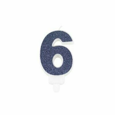 BOUGIE CHIFFRE "6" PAILLETTES MARINE 7.3CM AVEC BOBECHE
