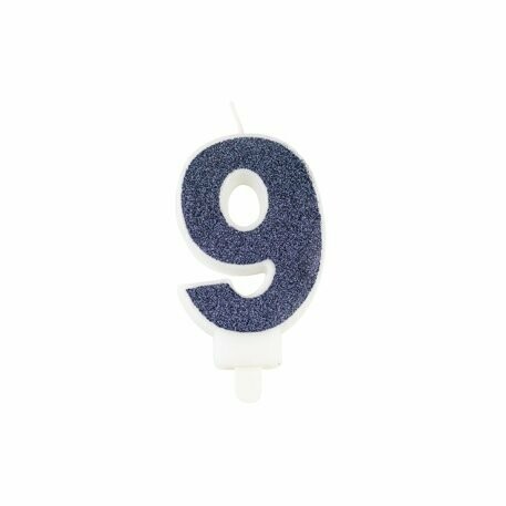 BOUGIE CHIFFRE "9" PAILLETTES MARINE 7.3CM AVEC BOBECHE