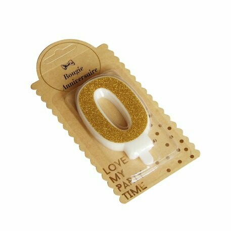 BOUGIE CHIFFRE "0" PAILLETTES OR 7.3CM AVEC BOBECHE
