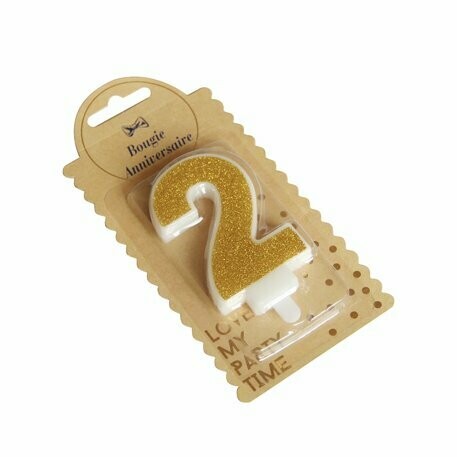 BOUGIE CHIFFRE "2" PAILLETTES OR 7.3CM AVEC BOBECHE