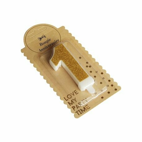 BOUGIE CHIFFRE "1" PAILLETTES OR 7.3CM AVEC BOBECHE