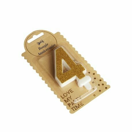 BOUGIE CHIFFRE "4" PAILLETTES OR 7.3CM AVEC BOBECHE