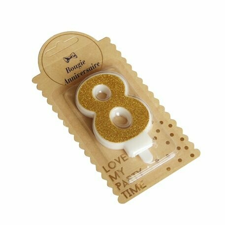 BOUGIE CHIFFRE "8" PAILLETTES OR 7.3CM AVEC BOBECHE
