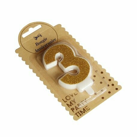 BOUGIE CHIFFRE "3" PAILLETTES OR 7.3CM AVEC BOBECHE