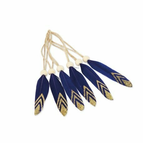 PLUME ETHNIQUE MARINE ET PAILLETTES OR 10CM + FICELLE + PERLE (x6)