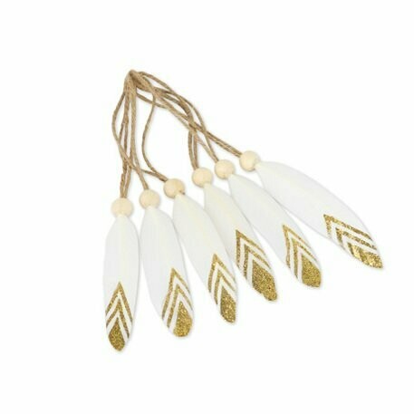 PLUME ETHNIQUE BLANCHE ET PAILLETTES OR 10CM + FICELLE + PERLE (x6)