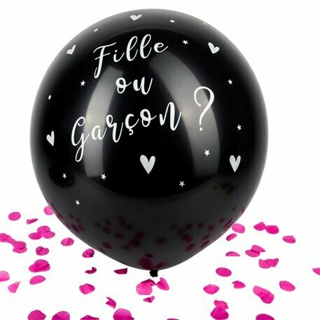 BALLON GÉANT NOIR FILLE OU GARÇON CONFETTIS ROSES 60 CM