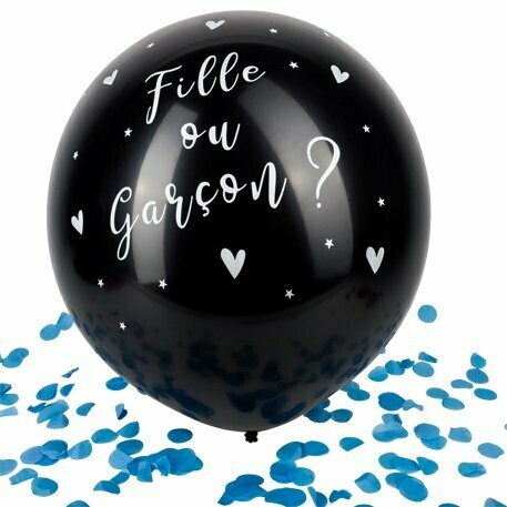 BALLON GÉANT NOIR FILLE OU GARÇON CONFETTIS BLEUS 60 CM