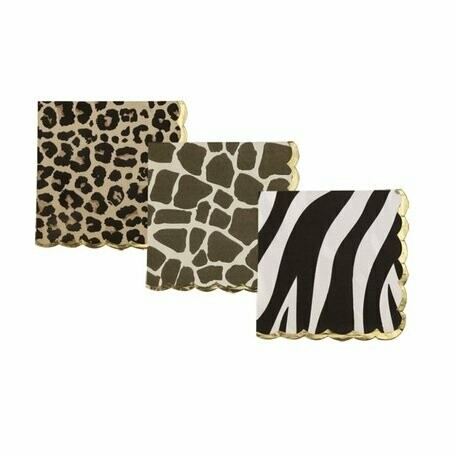 SERVIETTE SAFARI LÉOPARD, GIRAFE ET ZÈBRE OR 3 PLIS 33X33CM (x18)