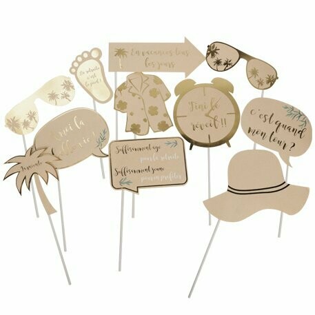 KIT PHOTOBOOTH RETRAITE BEIGE FEUILLES D'OLIVIER OR 11 PIECES