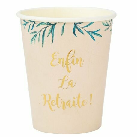 GOBELET ENFIN LA RETRAITE BEIGE FEUILLES D'OLIVIER OR 255ML (x8)