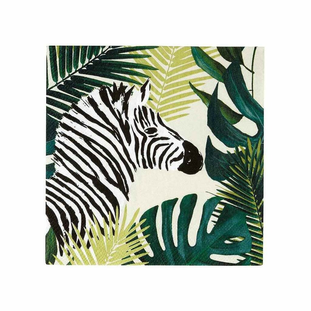 SERVIETTE COCKTAIL FEUILLES TROPICALES ET ZÈBRE 25x25CM (x20)