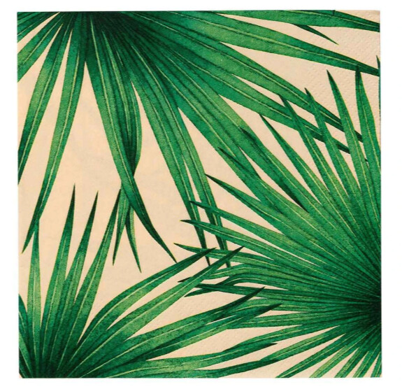 SERVIETTE FEUILLES TROPICALES FOND ROSE 33x33CM (x20)