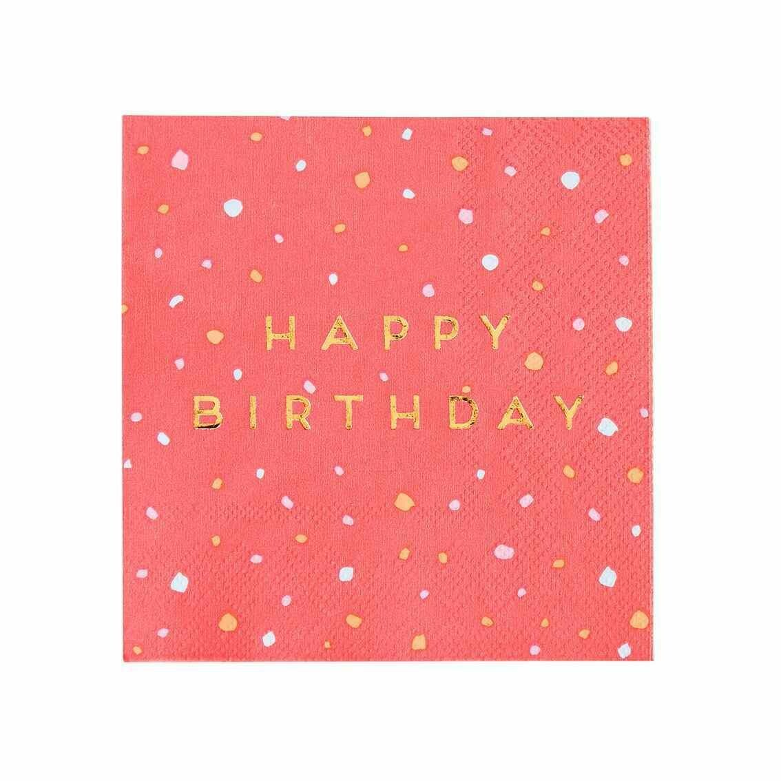 SERVIETTE COCKTAIL CORAIL "HAPPY BIRTHDAY" DORE 25x25CM (x16)