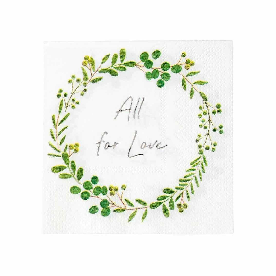 SERVIETTE COCKTAIL BLANCHE COURONNE VEGETALE "ALL FOR LOVE" 25x25CM (x16)