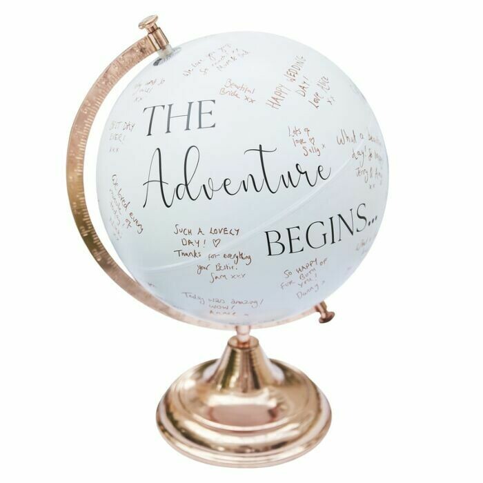 LIVRE D'OR GLOBE "THE ADVENTURE BEGINS..." SUPPORT ROSE GOLD 40x28CM