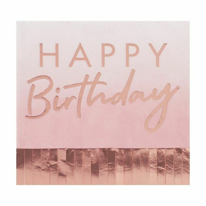 SERVIETTE ROSE "HAPPY BIRTHDAY ET FRANGES ROSE GOLD 33CM (x16)