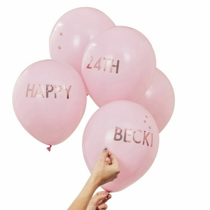 BALLONS ROSE A PERSONNALISER + 12 PLANCHES DE LETTRES ET CHIFFRES ROSE GOLD (x5)
