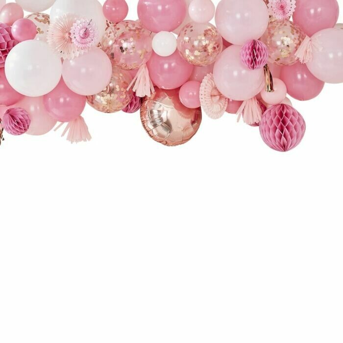 ARCHE 74 BALLONS ROSE GOLD, ROSE ET BLANC + 9 TASSELS ROSE GOLD ET ROSE + 5 EVENTAILS ROSE + 5 BOULES ALVEOLEES ROSE