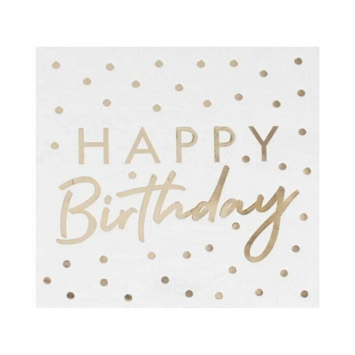 SERVIETTE "HAPPY BIRTHDAY" BLANCHE ET OR 33cm (x16)