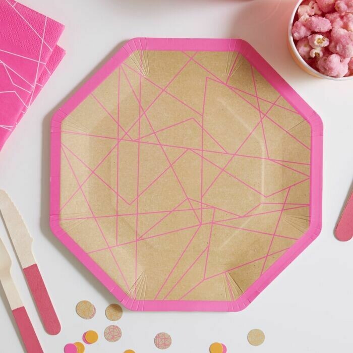 ASSIETTE OCTOGONALE ROSE NEON ET KRAFT 25CM (x8)