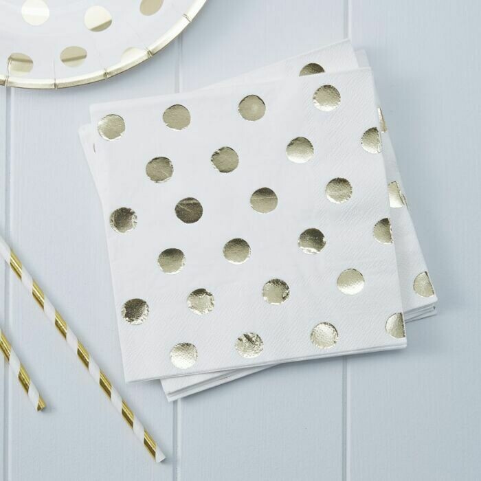 SERVIETTE BLANCHE A POIS DORE 33CM (x20)